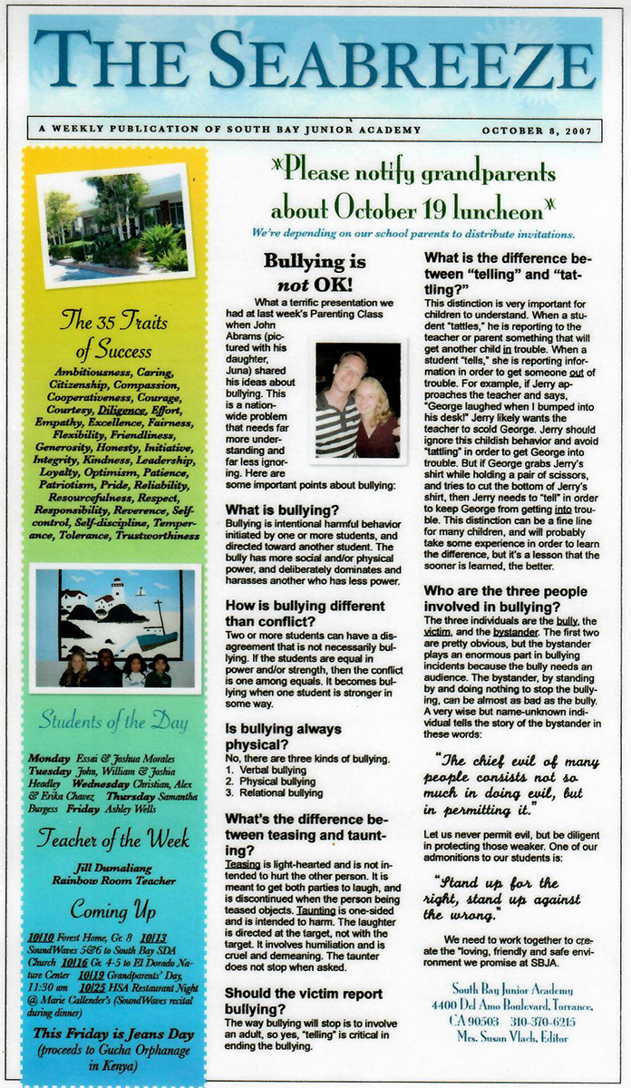 Newspaper article discussing The Bully Game School Assembly from John Abram's School of Astonishment.