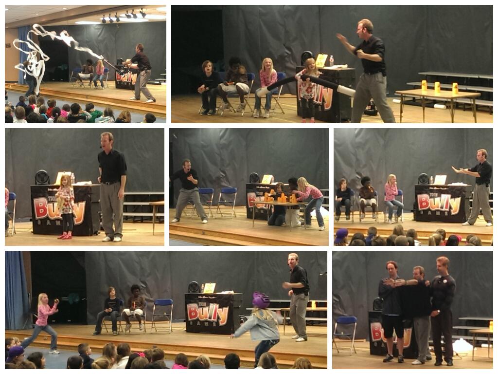 "School assembly presenter engaging students in interactive anti-bullying activities during The Bully Game performance."