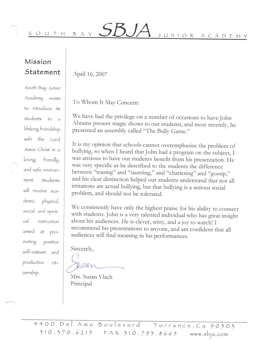 South Bay Junior Academy Bully Game Testimonial Gallery