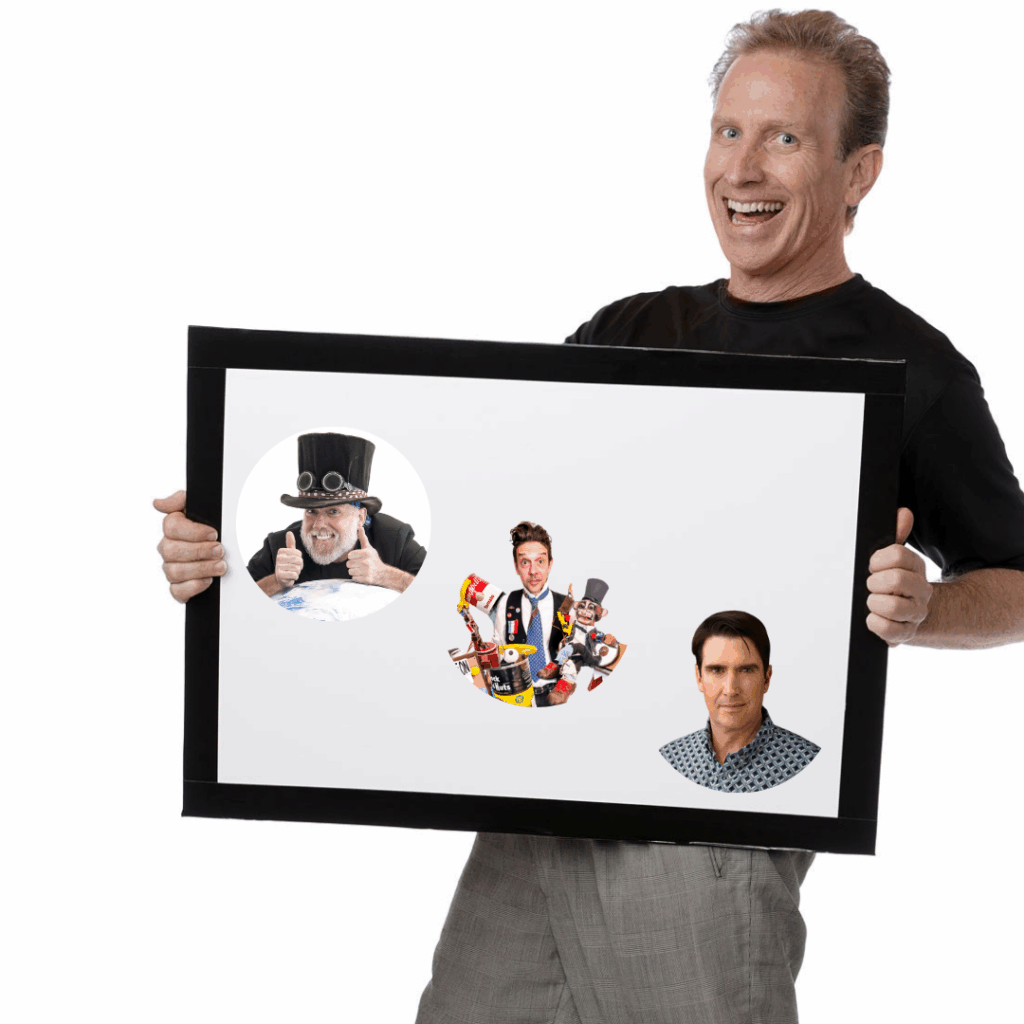 "Smiling presenter holding a display board featuring images of three unique school assembly performers."